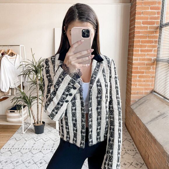 CHANEL Jackets & Blazers - Chanel Vintage 2004 Tweed Lace Trim Jacket Black White